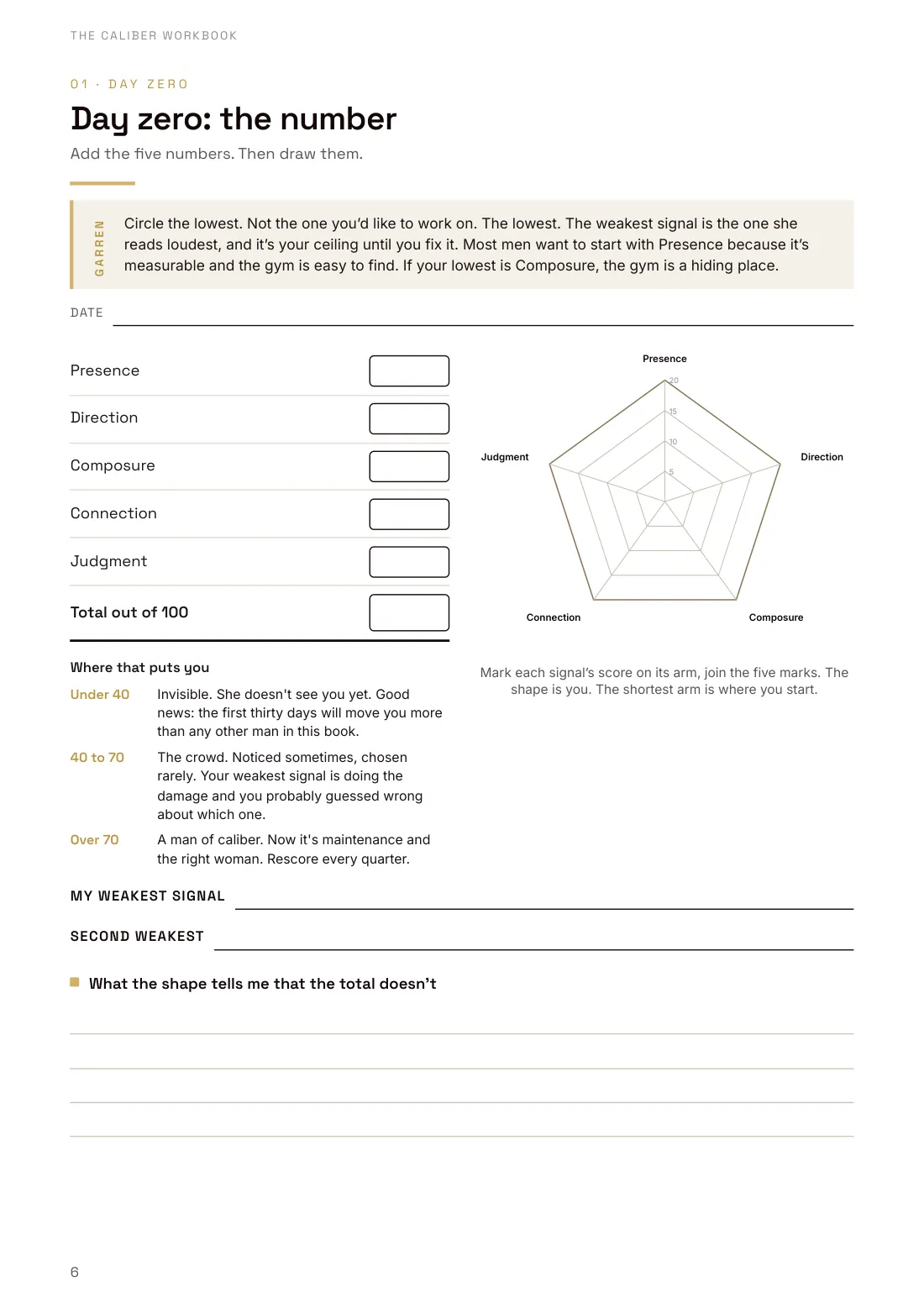 Workbook sheet with the five scores and a radar chart