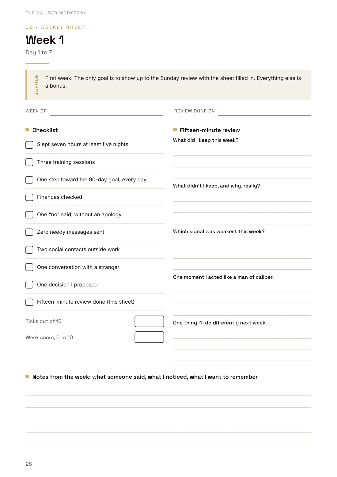 Workbook sheet for week one